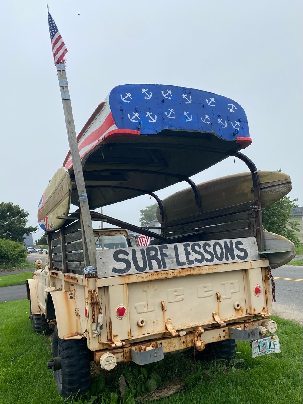 Vintage Jeep Surf Lessons Photo Print — Patriotic Blue & Red Canoes
